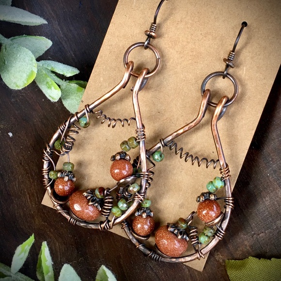 Pumpkin patch sunstone wire wrapped earrings - Picture 4 of 7
